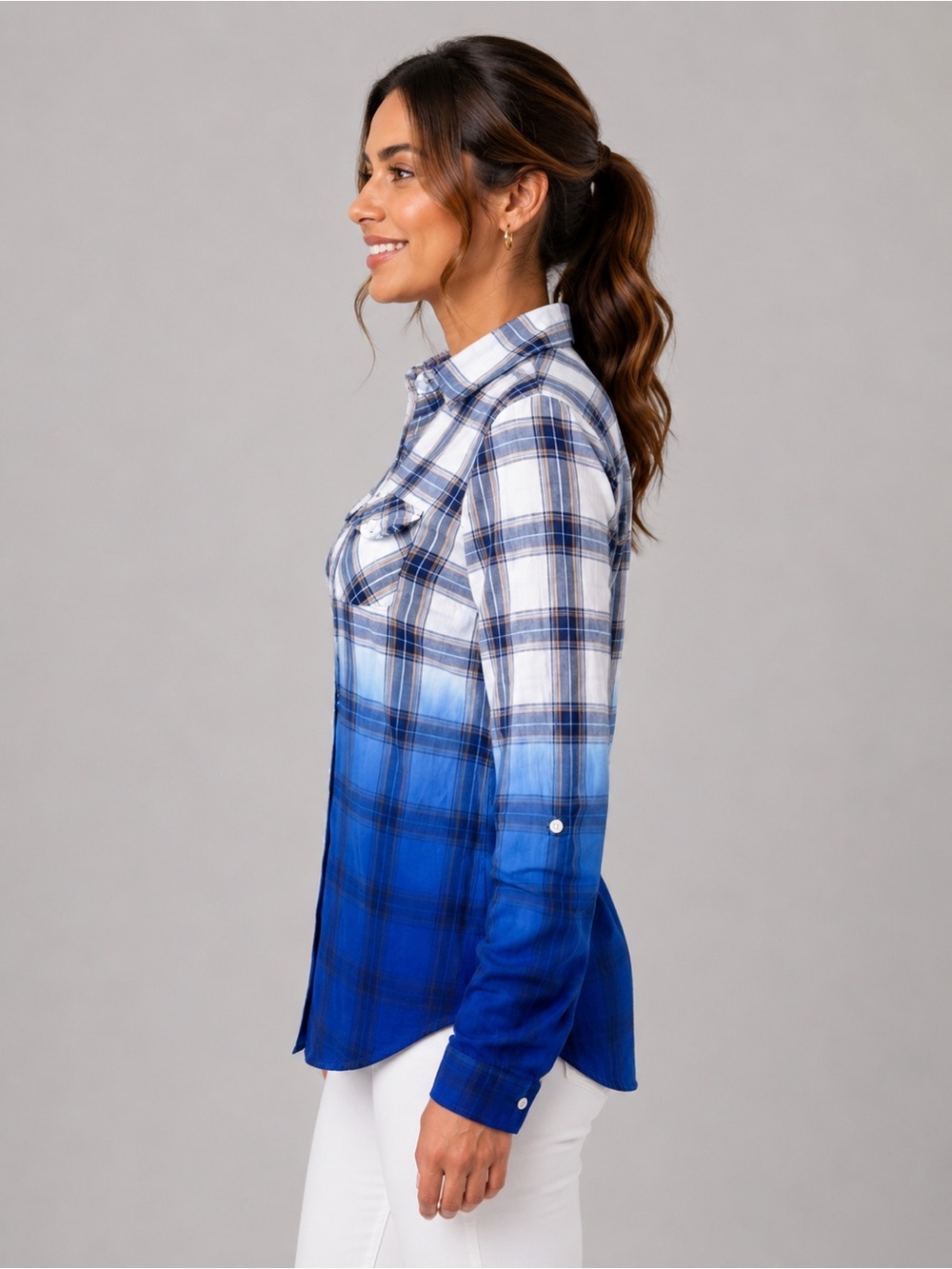 Cato V-Neck Dip-Dyed Plaid Double Pocket Flannel - Picture 2 of 10